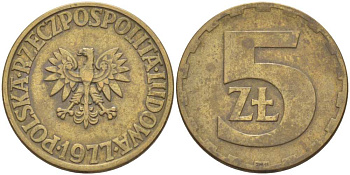 Польша 5 злотых 1977 монетный двор Ленинград (ЛМД) KM 81.1, Parchimowicz 221c латунь 4514-534