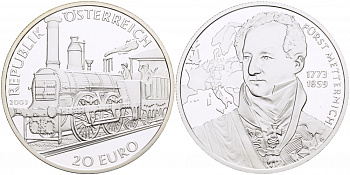 Австрия 20 евро 2003 ПАРОВОЗ, ПРИНЦ МЕТТЕРНИХ (1773-1859) KM 3104 серебро PROOF 1087-3-73