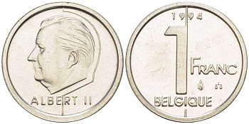 БЕЛЬГИЯ 1 ФРАНК 1994 BELGIQUE, АЛЬБЕРТ II (1993-) KM 187 железо плакированное никелем 3851-1156