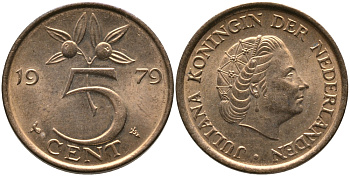 Нидерланды 5 центов 1979 Юлиана (1948-1980) KM 181 бронза 65-1232