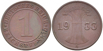 ГЕРМАНИЯ 1 РЕЙХСПФЕННИГ 1933 A KM 37 J. 313 бронза 116-759