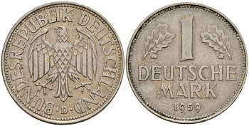 ФРГ 1 марка 1959 D KM 110, J. 385 медно-никель 4159-1037