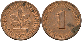 ФРГ 1 пфенниг 1971 D KM 105, J. 380 сталь плакированная медью    4598-451