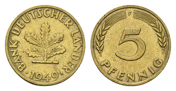 ФРГ 5 пфеннигов 1949 F KM 102, J. 377 сталь плакированная латунью 4630-437