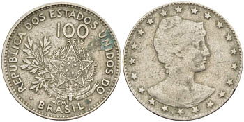 БРАЗИЛИЯ 100 РЕЙС 1901 ГОЛОВА СВОБОДЫ ВПРАВО, РИМСКАЯ НУМЕРАЦИЯ ДАТЫ KM 503 медно-никель 4529-542