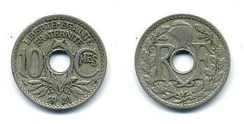 Франция 10 сантимов 1921 тип Линдайё KM 866a, Le Franc 138.3 медно-никель 84-337