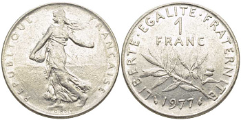ФРАНЦИЯ 1 ФРАНК 1977 СЕЯТЕЛЬ KM 925.1, LE FRANC 226.22 никель 175-544