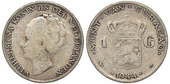 Нидерландское Кюрасао 1 гульден 1944 D, Вильгельмина (1890-1948) KM 45 серебро 36-742