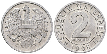 Австрия 2 гроша 1968 KM 2876 алюминий UNC 4588-616