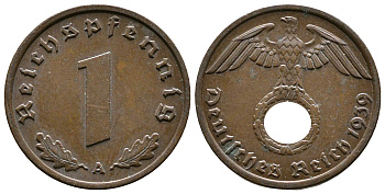 Германия 1 рейхспфенниг 1939 A KM 89, J. 361 бронза    220-366