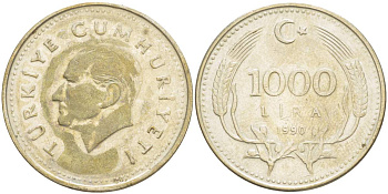 Турция 1000 лир 1990 Кемаль Ататюрк KM 997 медь никель цинк 4525-622