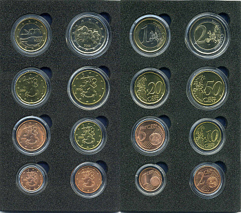 Финляндия евронабор из 8 монет 2000-2003 1 евроцент - 2 евро, в картонном буклете, монеты в капсулах с сертификатом UNC 1-6-4-44