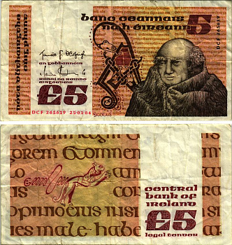 ИРЛАНДИЯ 5 ФУНТОВ 1984 25 ЯНВАРЯ 1984 Pick 71d бумага 6280-18-2-2