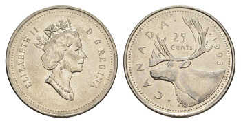 Канада 25 центов 1993 Елизавета II (1952-2022), олень KM 184 никель 4631-643