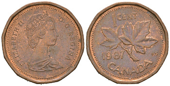 Канада 1 цент 1987 Елизавета II (1952-2022), кленовый лист KM 132 бронза 4621-523