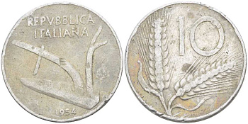 ИТАЛИЯ 10 ЛИР 1954 R, ПЛУГ, КОЛОСЬЯ KM 93 алюминий 175-345