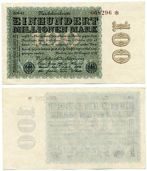 ГЕРМАНИЯ 100000000 МАРОК (СТО МИЛЛИОНОВ) 1923 22 АВГУСТА 1923, ВОДЯНОЙ ЗНАК Е, G/D В ЗВЁЗДАХ, КОРИЧНЕВЫЙ НОМЕР, СЕРИЯ ВМ-43 Pick 107d, Rosenberg 106l бумага XF 8613-4-1-2