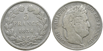 Франция 5 франков 1834 B, Луи Филипп I (1830-1848) KM 749.2 серебро 1066-7-51