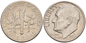 США 10 ЦЕНТОВ = 1 ДАЙМ 1971 РУЗВЕЛЬТ KM 195a медь плакированная медно-никелем 187-1047