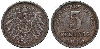 Германия 5 пфеннигов 1916 J KM 19, J. 297, Weege 5 железо 4118-1237