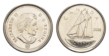 Канада 10 центов 2008 Leaf, Елизавета II (1952-2022), парусник KM 492 сталь плакированная никелем UNC 4636-648