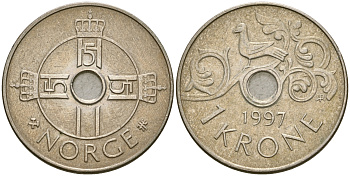 Норвегия 1 крона 1997 Харальд V (1992- ) KM 462 медно-никель 4364-2734