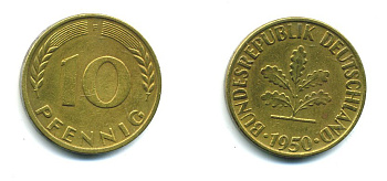ФРГ 10 ПФЕННИГОВ 1950 F KM 108, J.383 сталь плакированная латунью 23-633