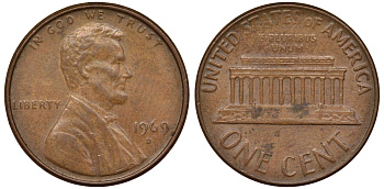 США 1 ЦЕНТ 1969 D, ЛИНКОЛЬН KM 201 медь цинк 62-714