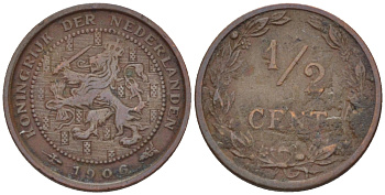 НИДЕРЛАНДЫ 1/2 ЦЕНТА 1906 ВИЛЬГЕЛЬМИНА (1890-1948) KM 133 бронза 39-149