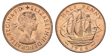 Великобритания 1/2 пенни 1966 Елизавета II (1952-2022) KM 896, Spink 4158 бронза aUNC 4662-1254