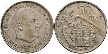 Испания 50 песет 1957 (59) Франсиско Франко (1939-1975) KM 788 медно-никель 4599-111