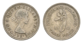 Родезия и Ньясаленд 3 пенса 1957 Елизавета II (1952-2022), цветок глориоза KM 3 медно-никель 4596-937