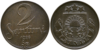 ЛАТВИЯ 2 САНТИМА 1928 ПЕРВАЯ РЕСПУБЛИКА (1918-1939) KM 2 бронза 86-418