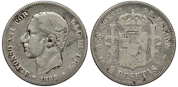 Испания 2 песеты 1882 MS-M, Альфонсо XII (1874-1885) KM 678 серебро 4566-645