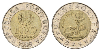 Португалия 100 эскудо 1999 Педру Нуниш (1502-1578), математик KM 645 биметалл 4391-1133