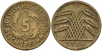 Германия 5 рейхспфеннигов 1924 D J.316, KM 39 алюминиевая бронза    4598-1159