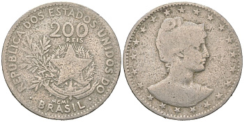 Бразилия 200 реалов 1901 MCMI, голова свободы вправо KM 504 медно-никель 4612-152