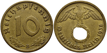 Германия 10 рейхспфеннигов 1938 B, KM 92, J. 364 алюминиевая бронза 4622-326