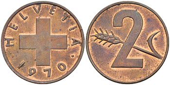 Швейцария 2 раппена 1970 KM 47 бронза UNC 4592-727