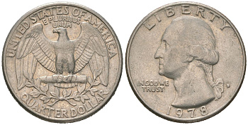 США 25 центов (квотер) 1978 D, Вашингтон KM A164a медь плакированная медно-никелем 4604-1155