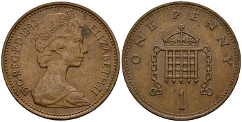 Великобритания 1 пенни 1983 Елизавета II (1952-2022) KM 927, Spink 4238 (B2) бронза 4154-968