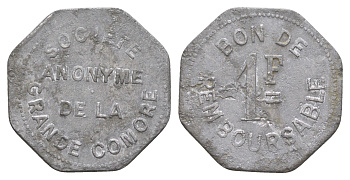 Великие Коморы (Коморские Острова) торговый жетон 1 франк ND (1915) Анонимное общество Гранд-Комора KM Tn3 алюминий 1524-224