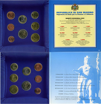 Сан-Марино евронабор из 8 монет (1, 2, 5, 10, 20 и 50 евроцентов; 1 и 2 евро) 2002 первый год выпуска, в оригинальной упаковке KM 440, 441, 442, 443, 444, 445, 446, 447 сталь плакированная медью, нордик и биметалл UNC 7-4-1-51