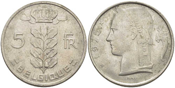 БЕЛЬГИЯ 5 ФРАНКОВ 1975 BELGIQUE, БОДУЭН I (1951-1993) KM 134.1 медно-никель 119-736