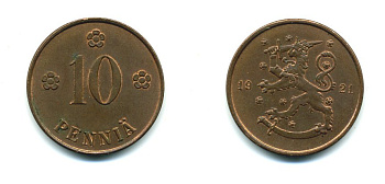 Финляндия 10 пенни 1921 республика (1918-1962) KM 24 медь 46-332