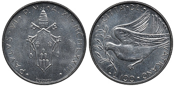 Ватикан 100 лир 1973 голубь, папа Павел VI (1963-1978) KM 122 нержавеющая сталь UNC 4579-645