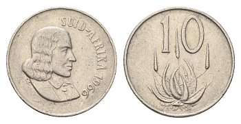 ЮАР 10 центов 1966 Ян ван Рибек (1619-1677), Suid Africa, легенда на африкаанс, цветок алоэ KM 68.2 никель 4694-561