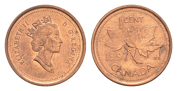 Канада 1 цент 1997 Елизавета II (1952-2022), кленовый лист KM 289 цинк плакированный медью 4630-617