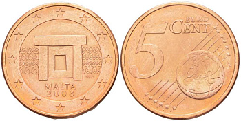 Мальта 5 евроцентов 2008 KM 127 сталь плакированная медью UNC 63-343