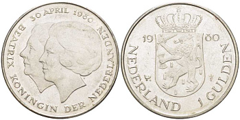 Нидерланды 1 гульден 1980 на коронацию Беатрикс, 30 апреля 1980 KM 200 никель 213-1252